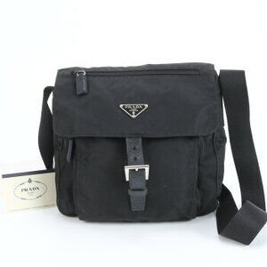 Prada Tessuto nylon triangular logo shoulder bag black leather
